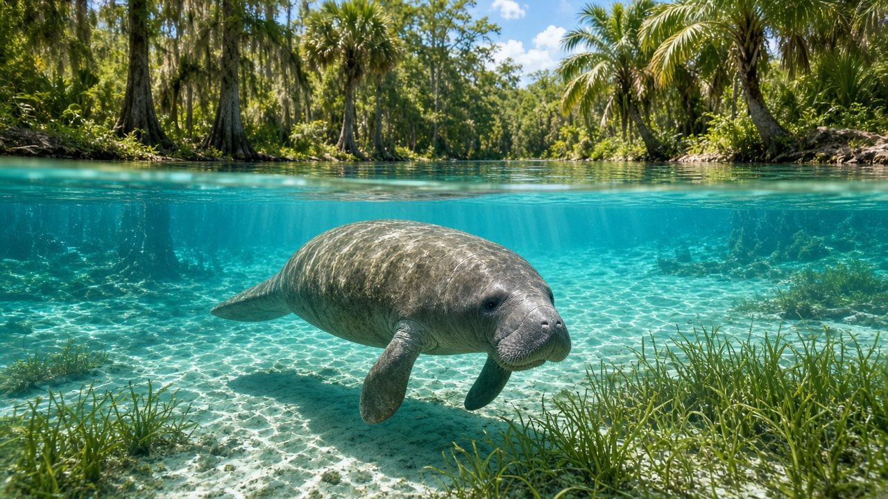A manatee swimming in clear Florida spring water